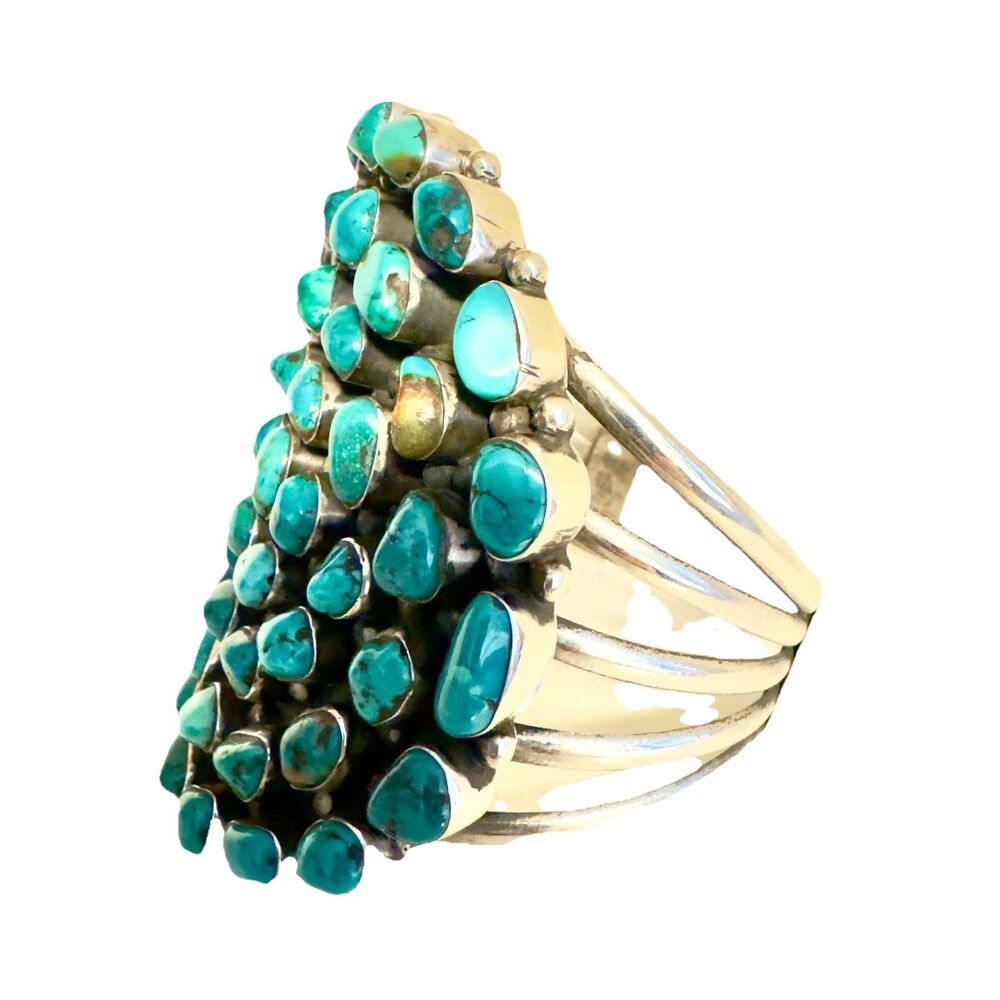 Signed Huge Navajo Sterling Silver Turquoise Cluster Bracelet 152 Grams Museum - Picture 2 of 14